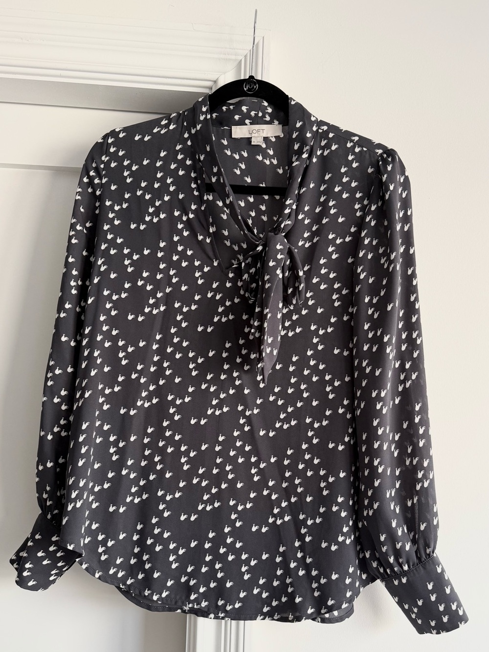 LOFT Dark Grat Tie-Neck Blouse with White Hen Print